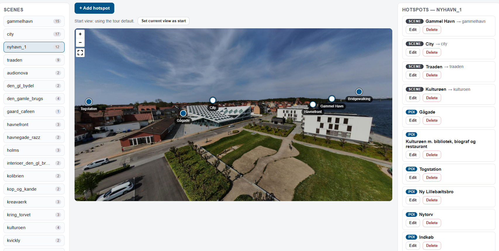 Editor med hotspots placeret i et 360 graders view