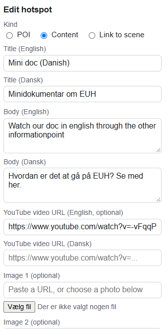 Editorpanel med danske og engelske sprogversioner af indholdet