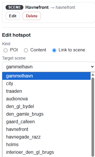 Åben dropdown-menu med mulige målscener til et hotspot
