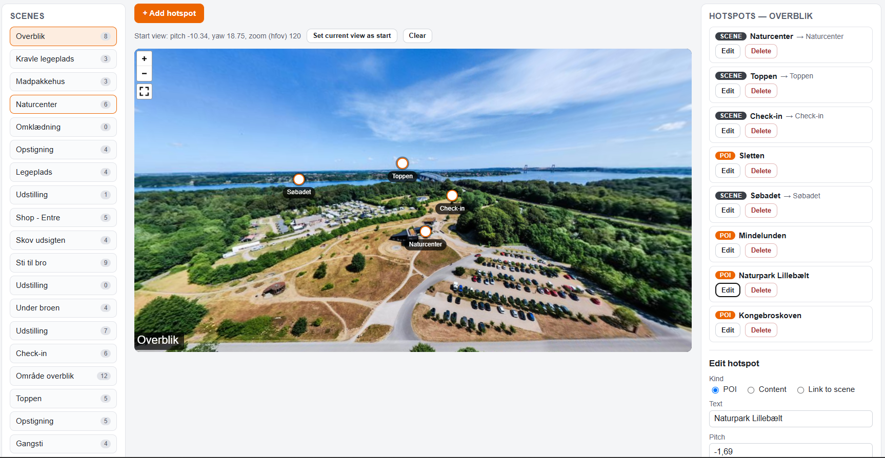 Skærmbillede af editoren med sceneliste, 360°-visning, hotspots og redigeringspanel